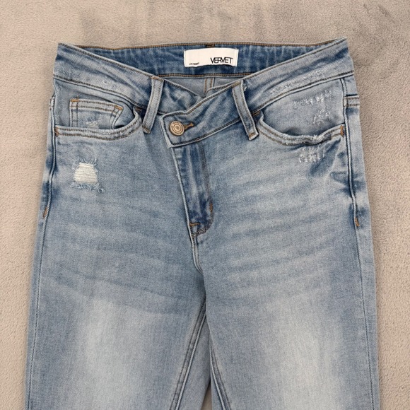 Vervet Los Angeles Crossover Waist Flare Jeans Light Wash Distressed Raw Hem 24 - Picture 3 of 13